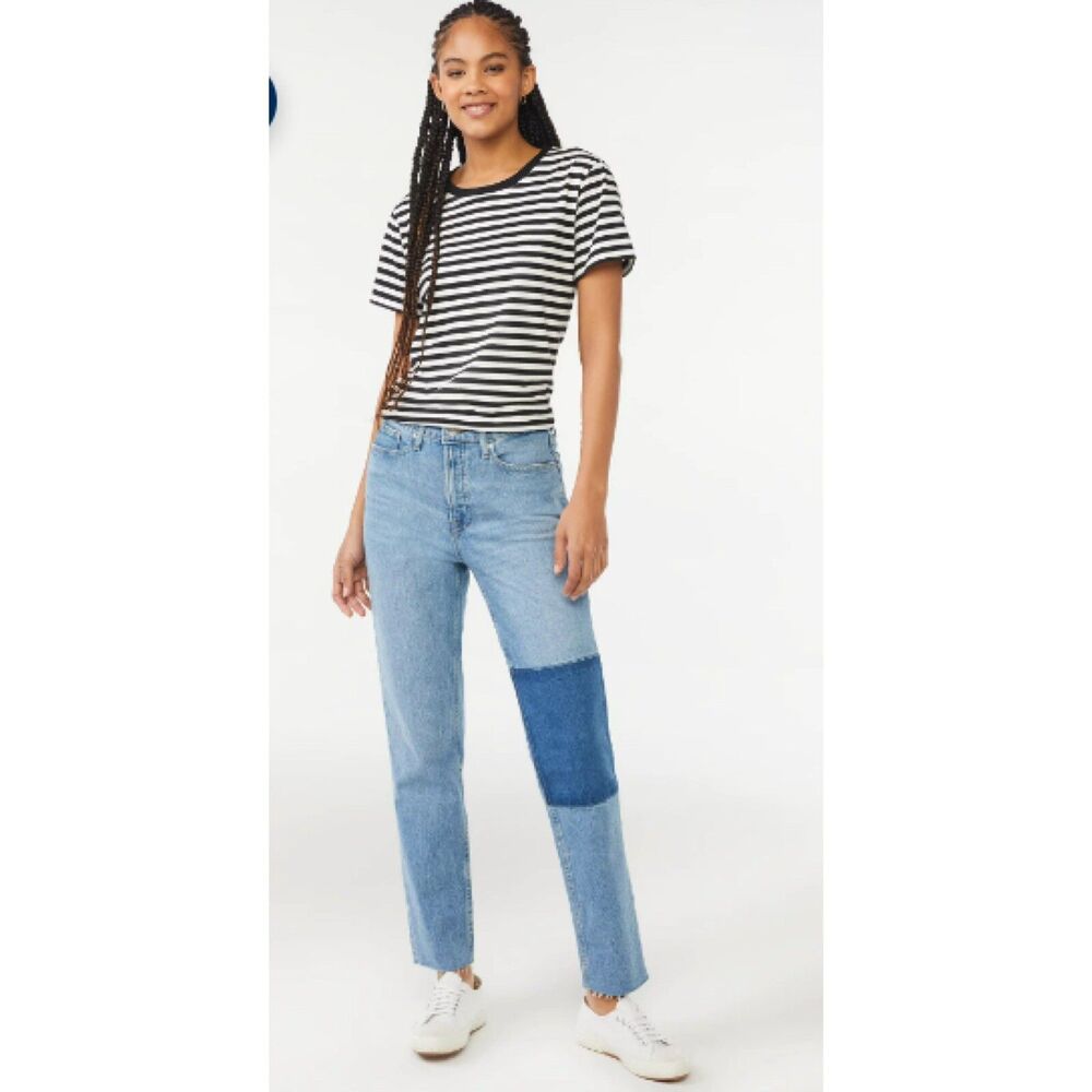 NEW Free Assembly Womens Jeans Size 12 Super High Rise Straight Leg Patchwork